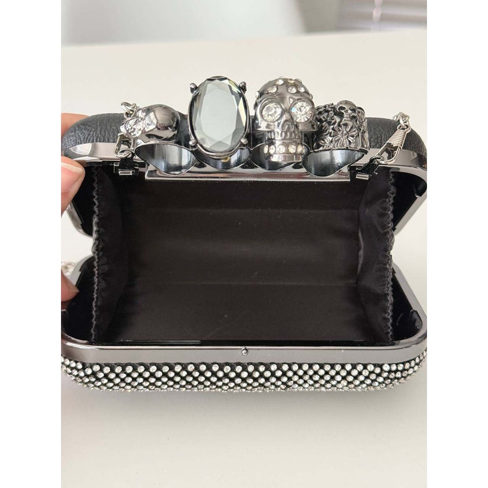 Skull Knuckle Duster Clutch Rhinestone Crystal Black Evening Bag Crossbody - Picture 5 of 6